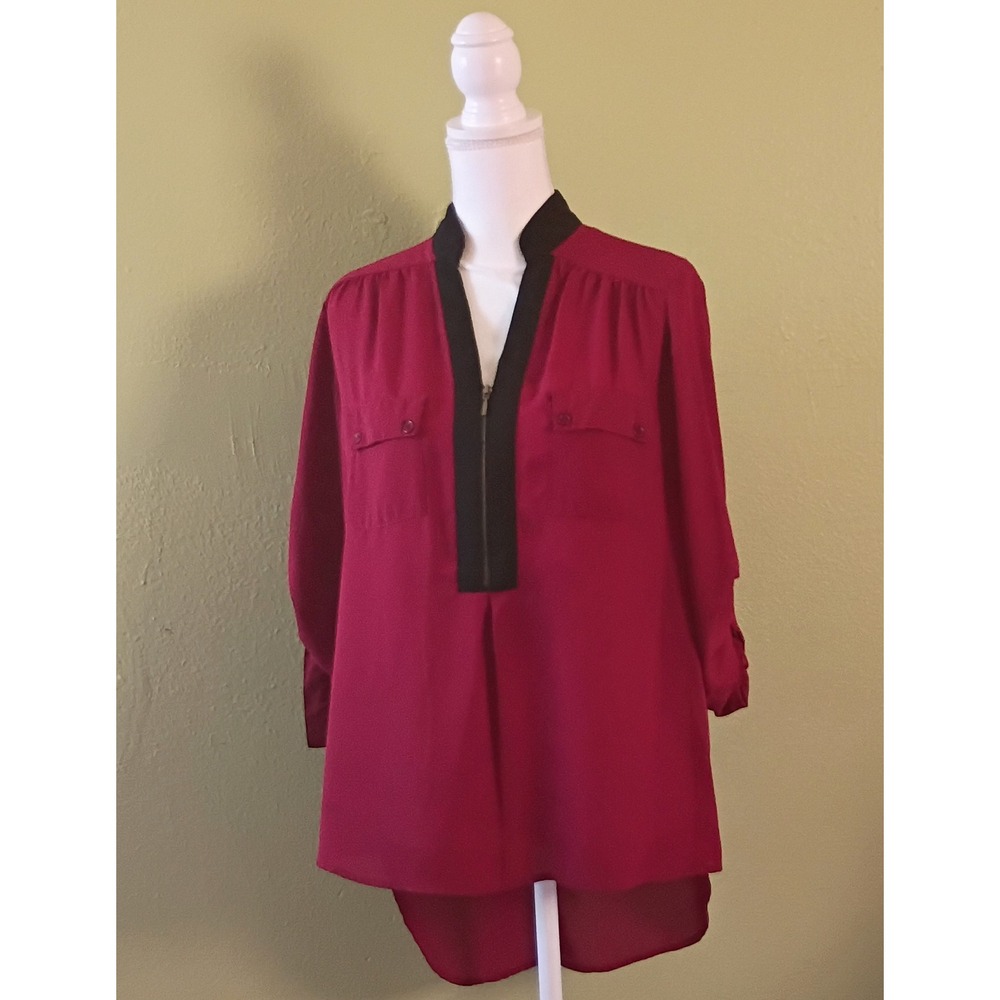 Vampy Chic Glamorous Burgundy Red High Low Chiffon Black Contrast Zip Neck Large